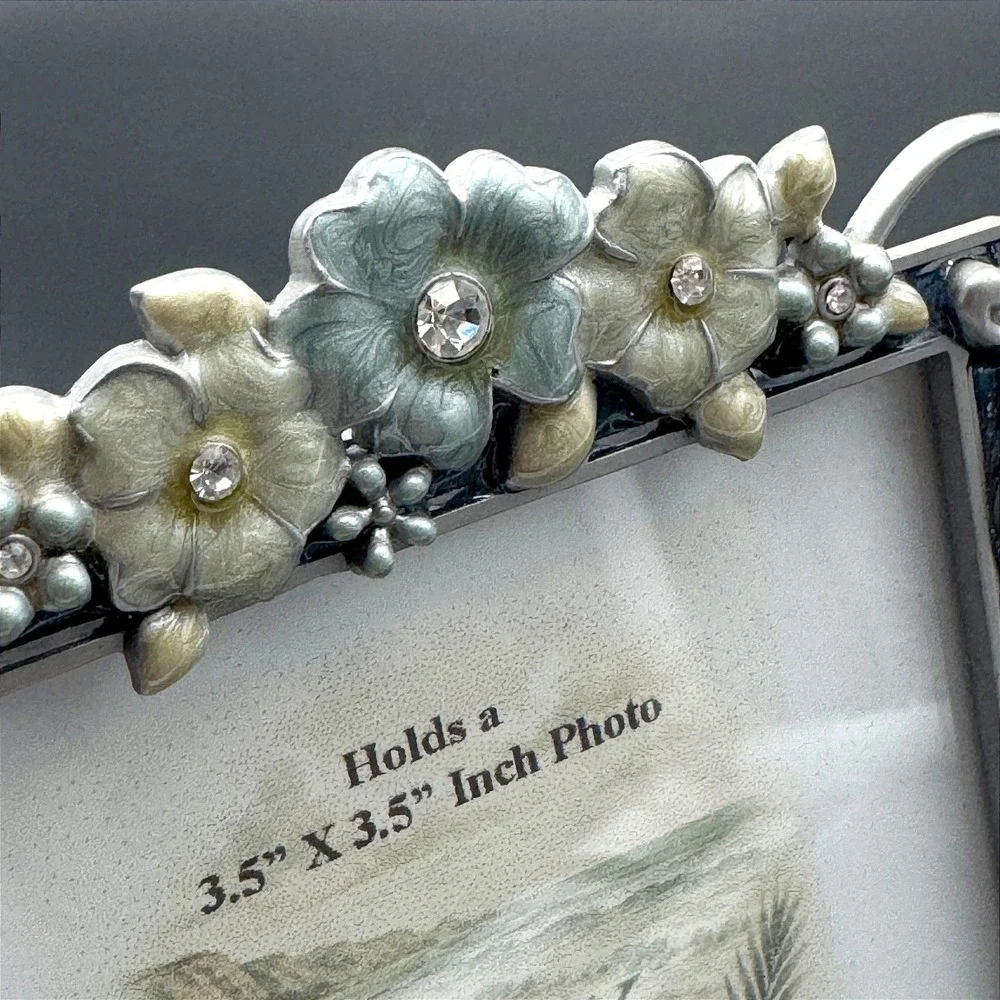 Floral Picture Frame Enamel Blue Green Rhinestone Silver Coastal Glam 3.5